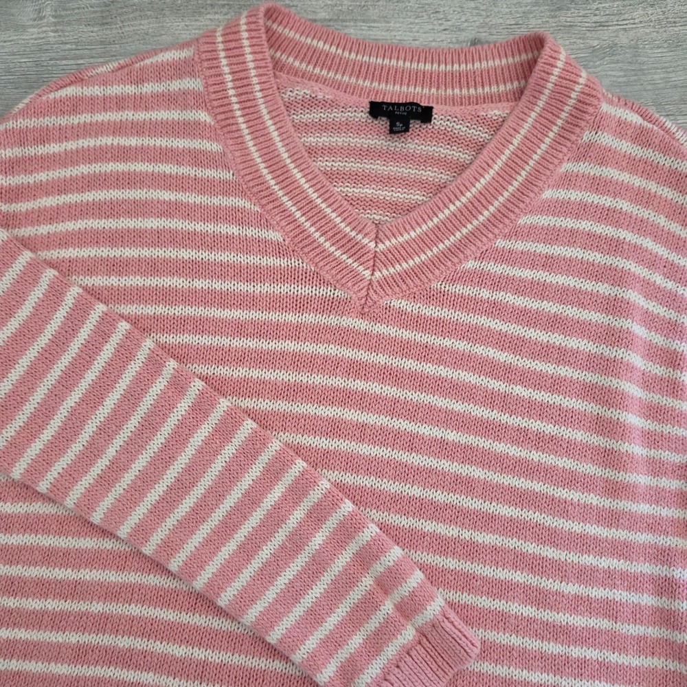 Talbots Sweater Pink White Striped V-Neck Linen Cotton Women Petite Small SP